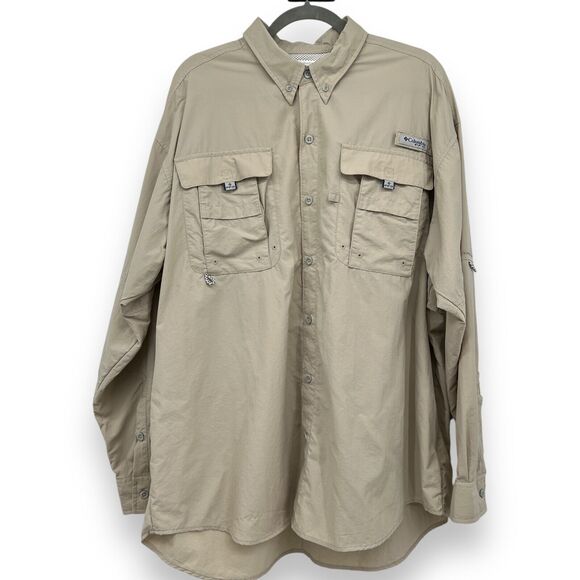 Columbia PFG Fishing Cargo Shirt Vented Button Down Sz XL Beige Khaki - Picture 1 of 12